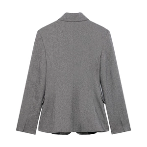 Rear view of grey mottled blazer showing tailored seams and single back vent detail