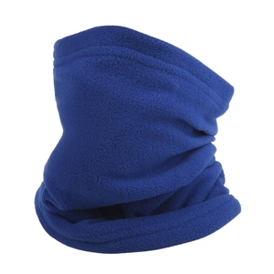 Detail of blue fleece neck gaiter showing soft thermal fabric texture and elastic fold