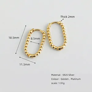 Chic S925 sterling silver U-shaped oval hoop earrings with golden beaded texture detail