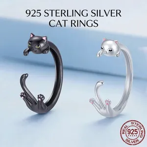 Creative S925 sterling silver black cat open rings with green eyes and cute paw details