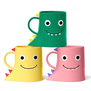 Cute cartoon dinosaur children mouthwash cups in green, yellow and pink colors