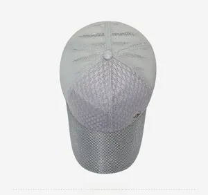 Top view of a breathable light grey mesh baseball cap for men with a metallic logo detail