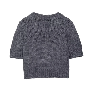 Fashionable dark grey knit short-sleeve sweater with crew neck and ribbed edges