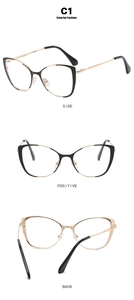 Three-view layout of retro cat-eye glasses frame with black top and gold metal details