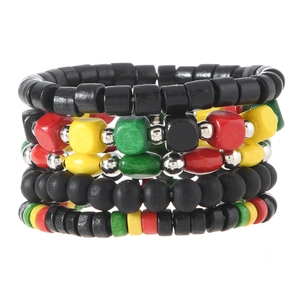 Handmade multilayer elastic wooden bead bracelet in red, yellow, green and black colors