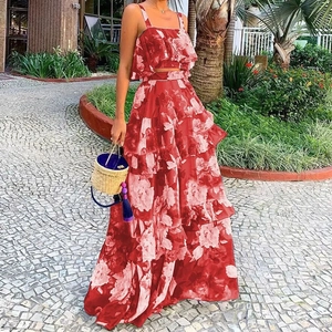 Floral print red crop top and tiered maxi skirt set for a stylish summer vacation look