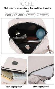 Détail du sac de poitrine en cuir PU blanc montrant l'intérieur et les poches zippées