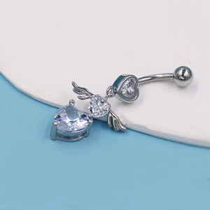 Silver belly button ring with heart shaped zircon stones and angel wing design