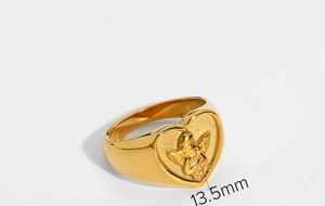 Macro shot of 18k gold plated ring featuring 13.5mm heart-shaped angel relief detail