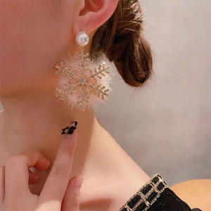 Detailed close-up of snowflake earrings featuring zircon stones and pink fur decoration