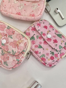 Pink quilted floral cartoon organizer pouch set with bunny patterns and metal rings