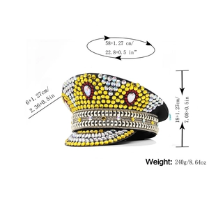 Glittery yellow military hat with colorful rhinestones and silver studs for party events