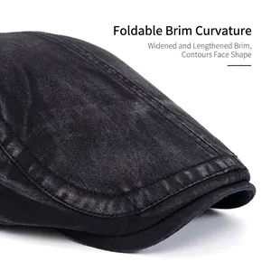 Classic black cotton beret cap with an extra-wide foldable brim for face contouring