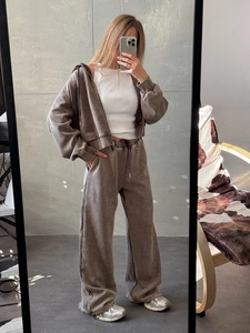 Ensemble jogging femme marron délavé vintage avec sweat à capuche zippé et pantalon large