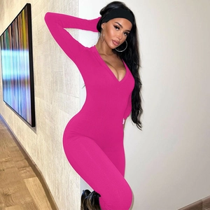 Slim fit rose red ribbed knit long sleeve romper jumpsuit with V-neckline for women