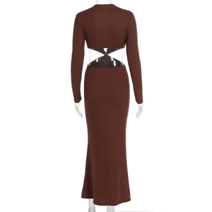 Detail view of the deep brown long sleeve dress featuring open back and waist knot detail