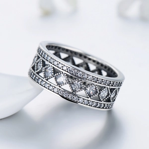 Sparkling S925 vintage wide silver band ring with multi-row pavé crystals for women