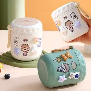 304 stainless steel thermal soup cup with portable handle and cute cartoon decor