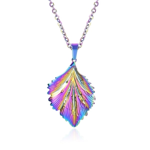 Detailed view of iridescent leaf pendant necklace with rainbow plating on stainless steel