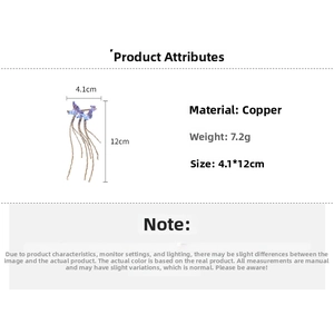 Detailed specifications of copper butterfly tassel hair pin with size and weight metrics
