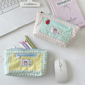 Large capacity checkered pencil case with zipper pocket and aesthetic dopamine colors