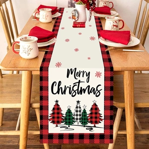 Christmas Table Runner Polyester Buffalo Plaid Border Christmas Tree Snowflake Print Holiday Party Dining Table Decor
