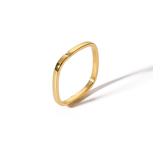 Minimalist square golden ring with clear diamond accent shown on white background