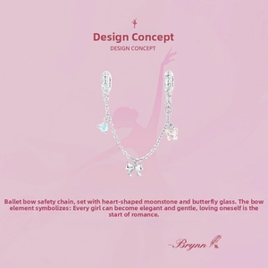 Detail of S925 sterling silver safety chain with pink butterfly and blue heart charms