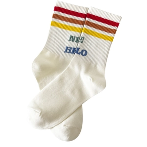 White cotton mid-calf socks with retro stripes and NIE HFLO letter embroidery detail