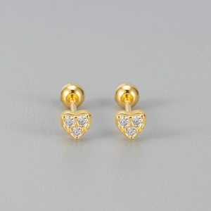 Boucles d'oreilles cœur en or avec trois pierres en zircone et fermoir à vis