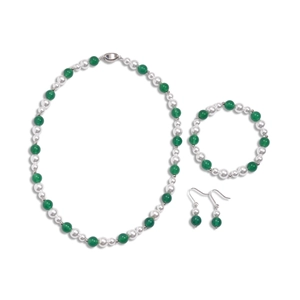 Three-piece set with white faux pearls and green agate beads necklace bracelet earrings