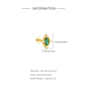 Detailed view of gold lace flower earring with green zircon and 925 silver stamp