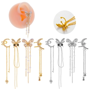 Ear Cuffs Non Piercing Copper Earrings Butterfly Star Moon Tassel Dangle Zircon Faux Artificial Pearl Trendy Jewelry For Women