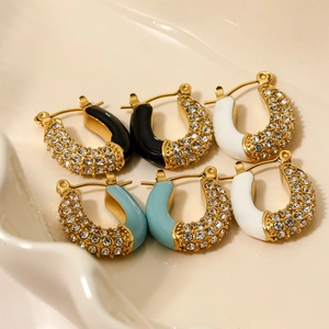 Three pairs of U-shaped gold-plated hoop earrings with zircon stones and colorful enamel