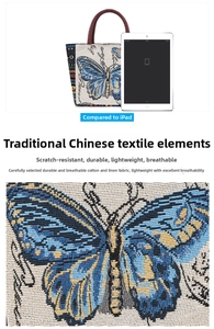 Close-up of durable linen fabric texture and size comparison with an iPad for the tote bag