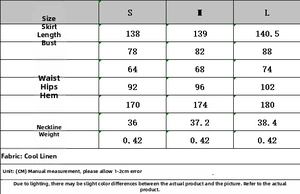 Size chart for women's halter neck dress with chain detailing and linen blend measurements