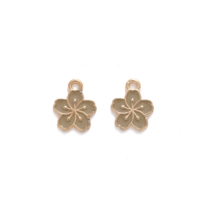 Detail showing two light olive green sakura enamel charms with gold trim and DIY loops