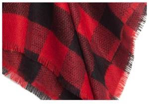Close-up of red and black buffalo plaid poncho with textured knit fabric and tassel edges