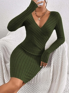 Slim fit dark green ribbed knit long sleeve dress with sexy cross V-neck for women