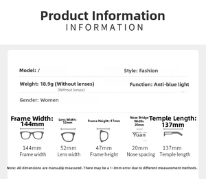 Detailed size chart for stylish metal anti-blue light glasses showing precise dimensions
