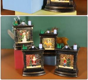 Close-up of vintage bronze Christmas snow globe lantern with Santa and reindeer scene