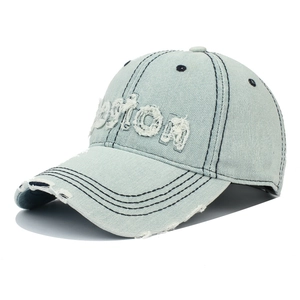 Vintage gewaschene hellblaue Denim Baseballkappe mit Boston-Stickerei und Fransen