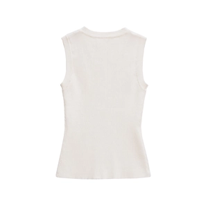 Cream knit sleeveless tank top with starfish decoration and ribbed texture on white background