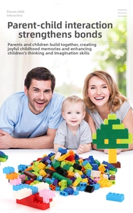 Colorful DIY building blocks set showing happy parent-child interactive play time