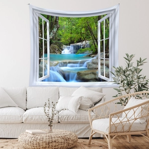 Detail of 3D window forest waterfall tapestry hanging over a minimalist white sofa