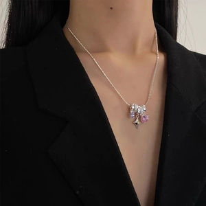Star heart necklace with pink heart and purple drop crystal pendants for women