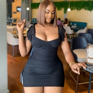 Slim fit black mini dress with ruffled mesh sleeves and bodycon silhouette