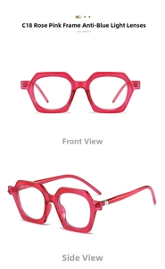 Front and side view of C18 rose pink hexagonal frames with blue light blocking lenses
