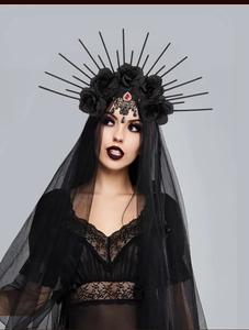 Detail of gothic halo crown with black roses, lace forehead jewelry and red gems