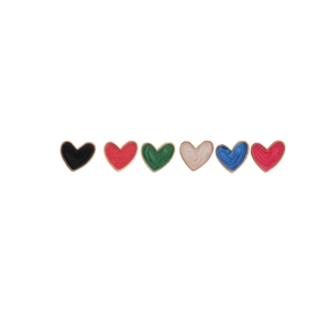 Set of six gold-plated heart stud earrings with colorful enamel finishes in a minimalist style
